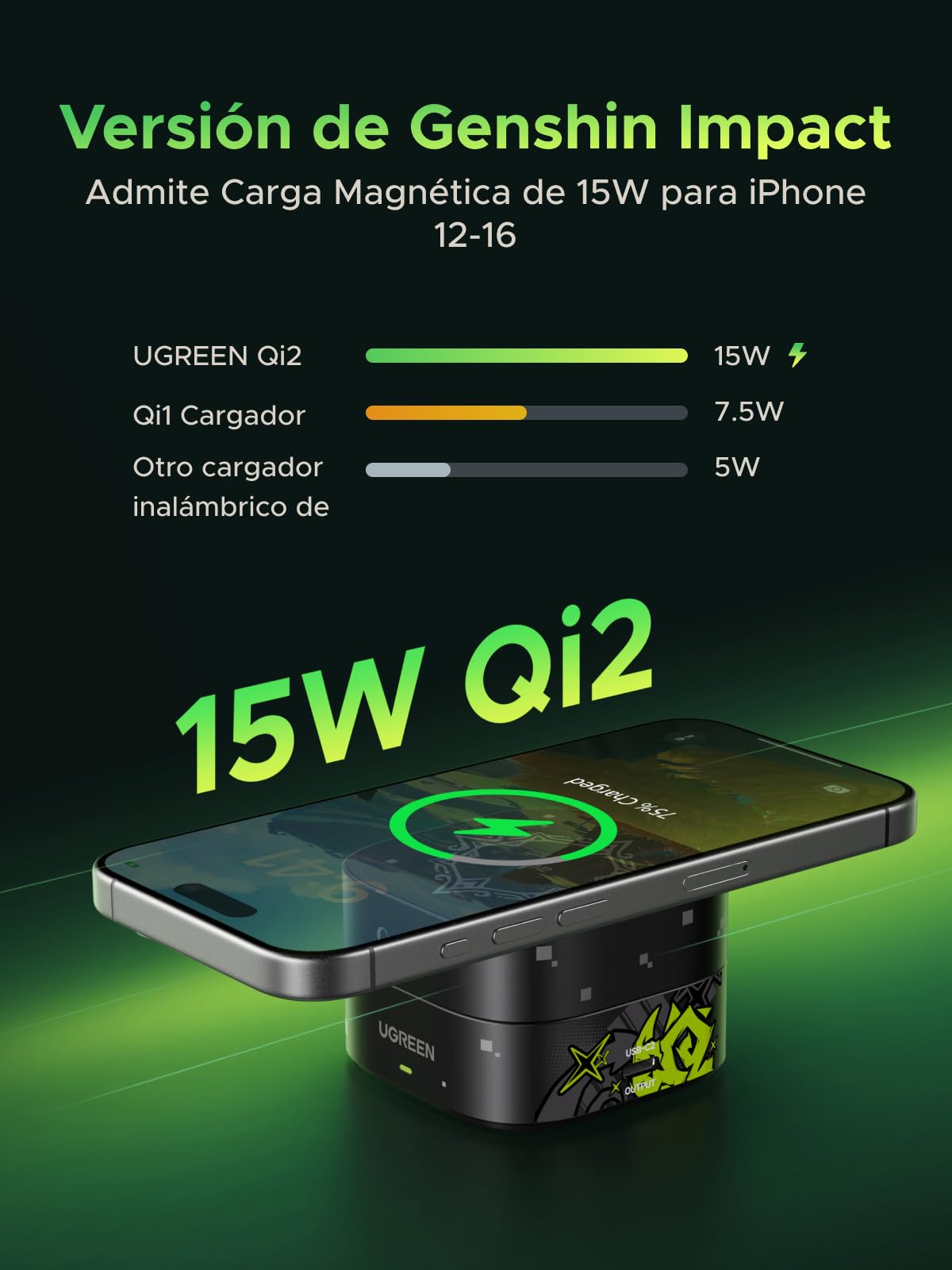 UGREEN MagFlow Cargador Inalámbrico Qi2 15W, Estación de Carga de Auriculares 2 en 1, Compatible con iPhone 17 Pro Max Air/16/15/14/13/12 Series, AirPods Pro 2/3, Gris