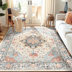 RELEANY Area Rugs 5’x7′ Washable Non-Slip, Floral Vintage Distress Print Pattern Medallion Carpet for Living Room Bedroom Dining Room, Beige Navy Blue Orange Colorful