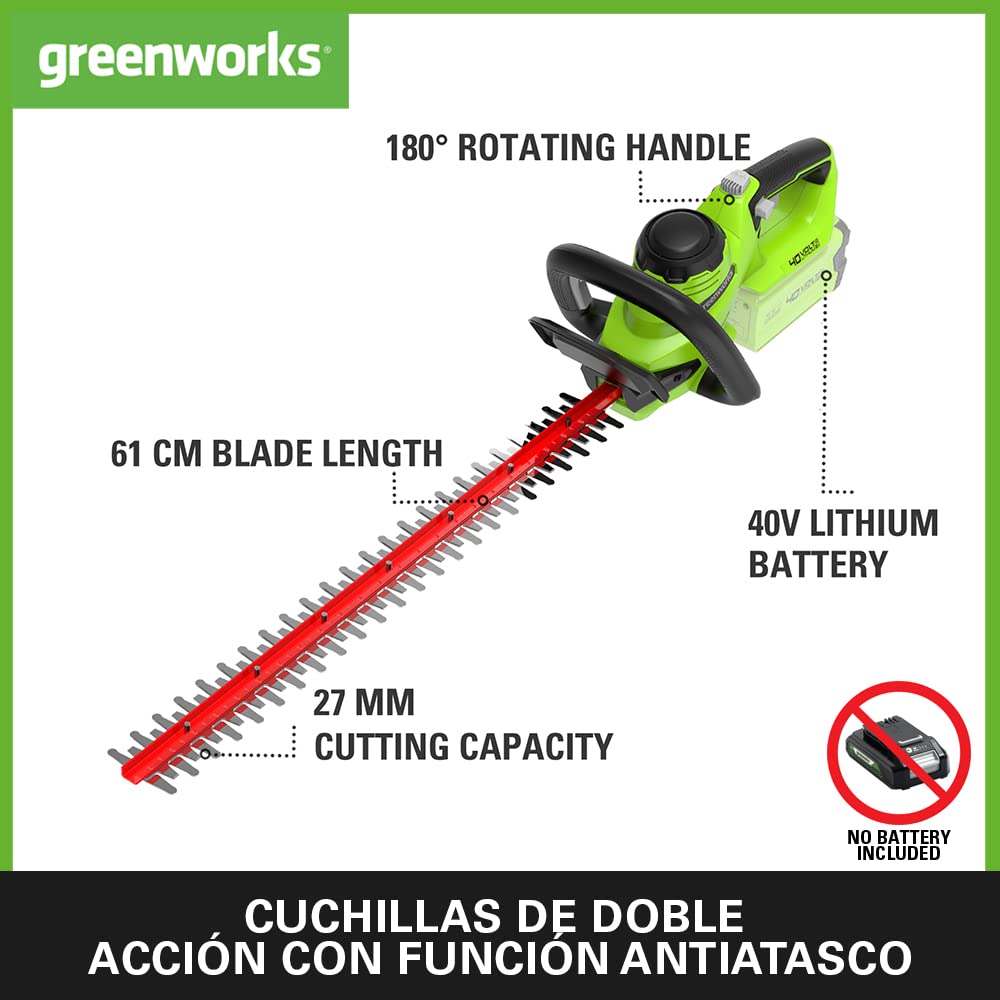 Greenworks G40HT61 Cortasetos a Batería, Cuchilla de Doble Acción 61 cm, Corta Ramas y Tallos de Hasta 27 mm Grosor, 3000 spm SIN Batería (40 V) ni Cargador, 3 Años de Garantía