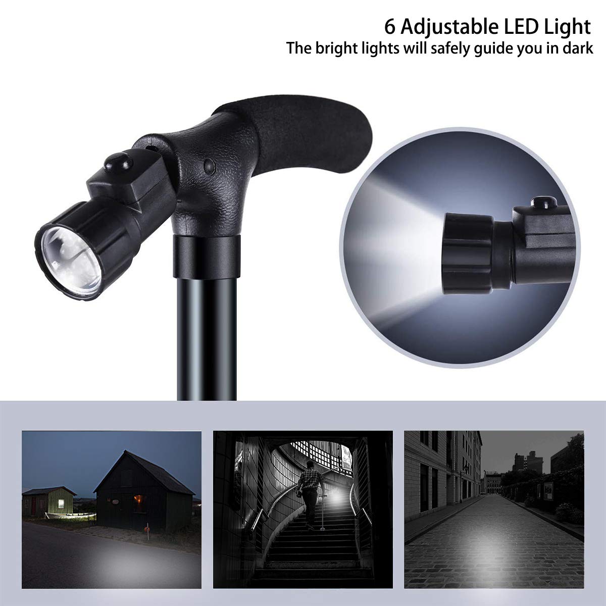 jiele Bastone da Passeggio Portatile, Portatile Canna Regolabile, Con Luce LED e Cuscino Manico Bastone Pieghevole Regolabile per Uomini e Donne, Pieghevole, Non Slip, Nero