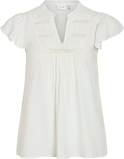 Damen Bluse con Escote en V y Mangas con Volantes Inserciones Decorativas