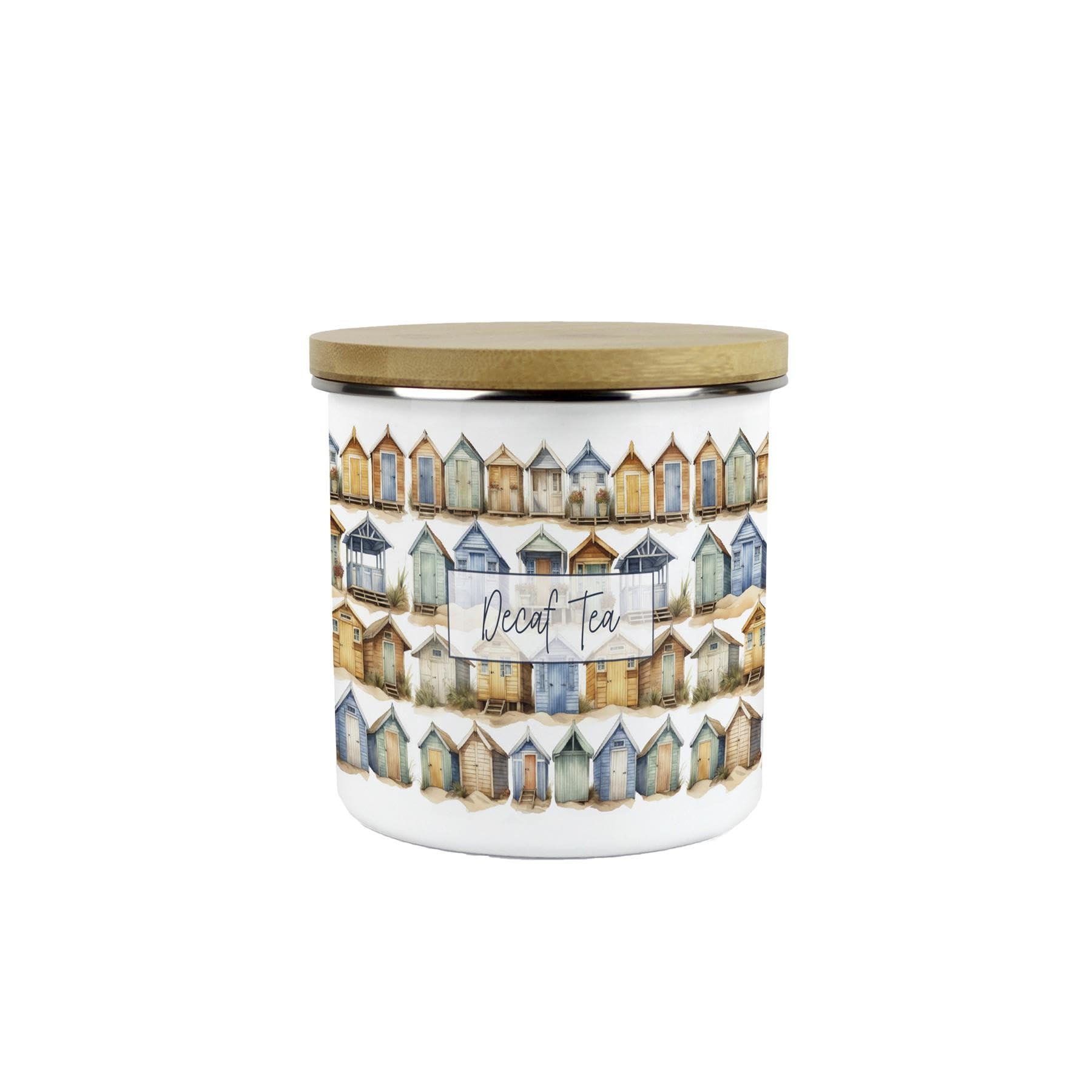 Purely Home Beach Huts Decaf Tea Storage Canister - Seaside Beach Coastal Gift - Metal Enamel Hot Drinks Storage Container