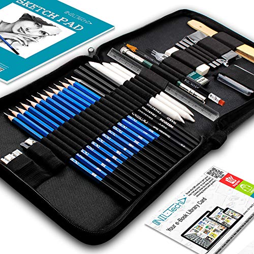 Drawing Pencils Art Supplies - 37 Sketching Art Set - Each art supply Includes Sketch Book and BONUS Digital Library Drawing Tutorials Cool Stuff - Pencil Pouch, Graphite Charcoal Pencils, Erasers