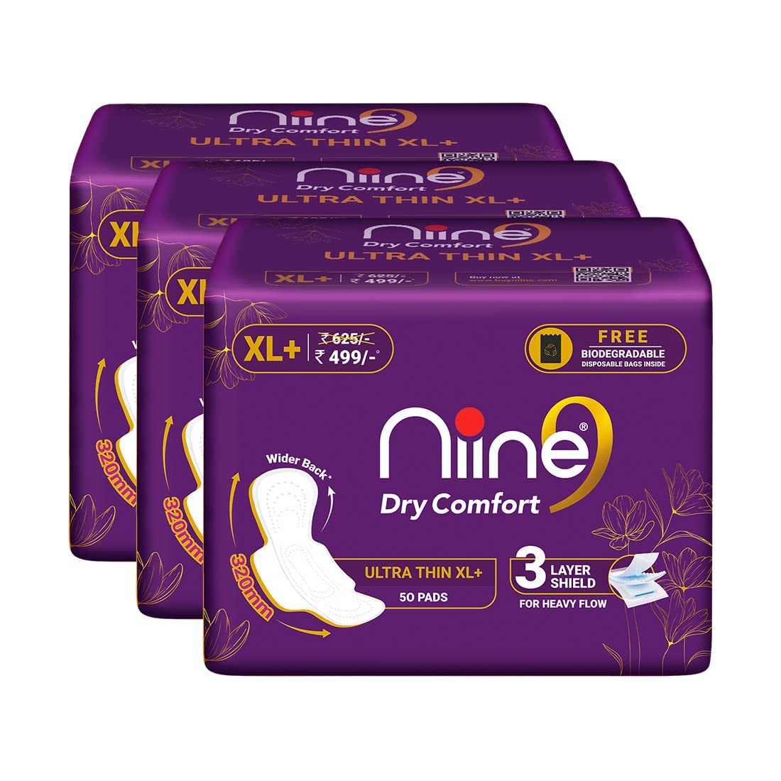 NIINE Dry Comfort Ultra Thin XL+ Sanitary Napkins for Heavy Flow (Pack of 3) 150 Pads with Free Biodegradable disposable bags (B0B1B31G1K) Amazon Price History, Amazon Price Tracker