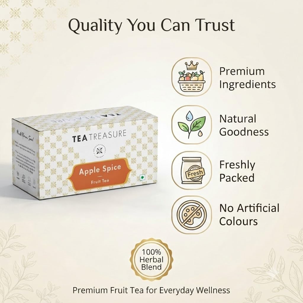 Tea Treasure Apple Spice Fruit Tea β 50 Pyramid Tea Bags| Helps in Weight Management, Cholesterol, Inflamation & Digestive System|With Assam Black tea Blend,Dried Apple, Ginger & Cinnamon 1