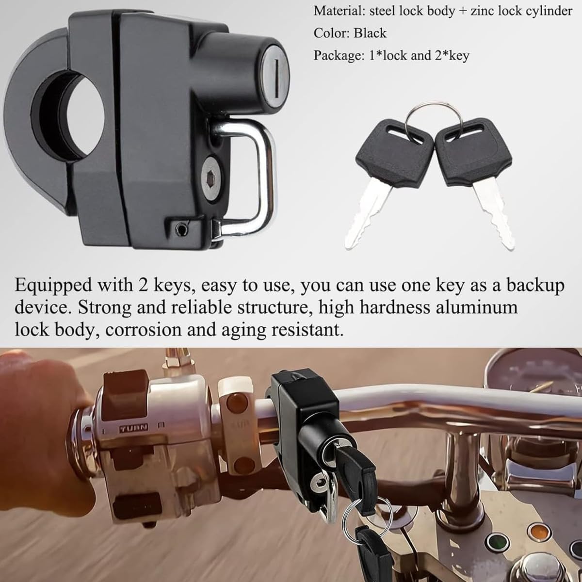 Lucchetto Per Casco Moto 2 Pezzi - Antifurto, Nero, Per Manubri 22-24mm - Foto 4