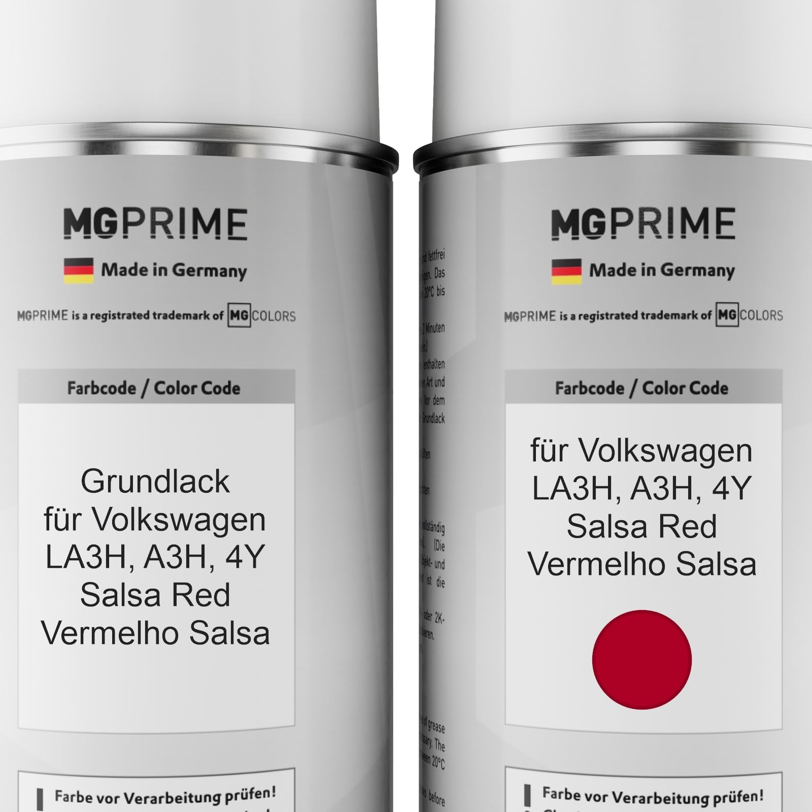 MG PRIME Autolack Spraydosen für Volkswagen LA3H / A3H / 4Y Salsa Red +2K | für Volkswagen VW, Vermelho Salsa, Set aus Grundlack + Basislack + 2K Klarlack, Sprühdosen 400ml