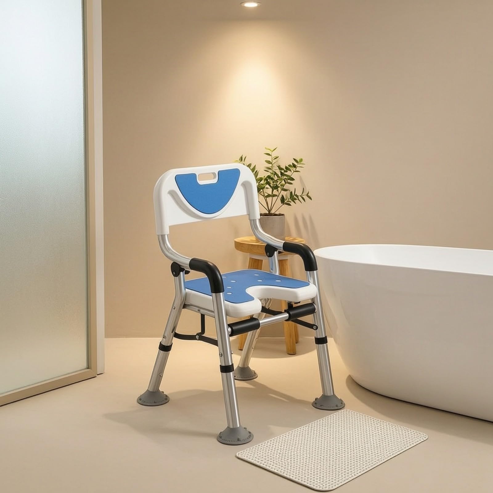 Qianly Silla Ducha con Brazos Segura Mueble | Altura Ajustable Adaptable, Silla para Ducha con Reposabrazos, Resistente Al Agua, Bañera, Ancianos, Gris