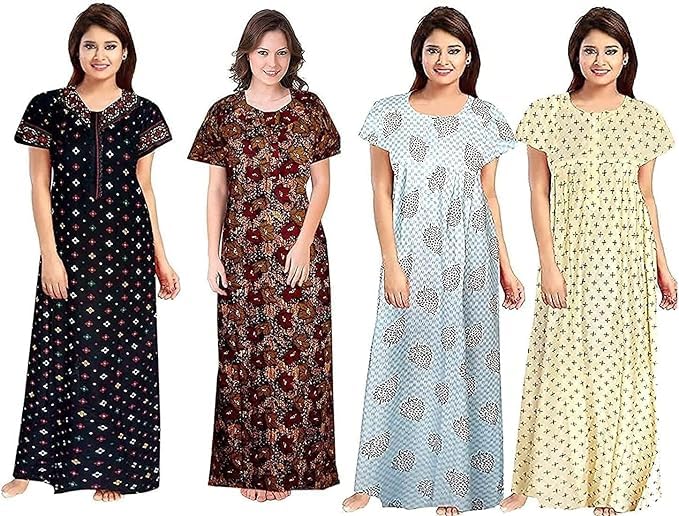 Image of Nighty for Women Cotton Printed Maxi Gown Ankle Length Nighty Night Dress Gown for Women Maxi - Free Size (Pack of 4)