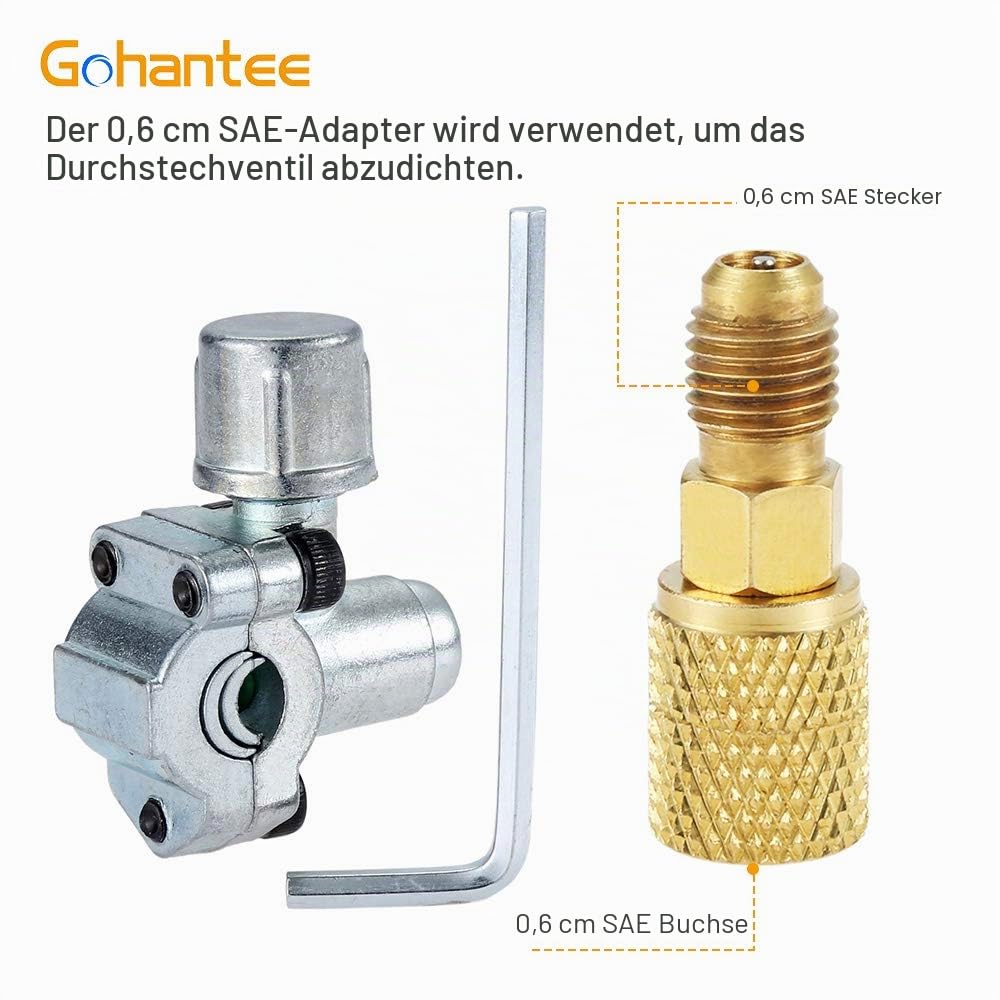 gohanee R134A Klimaanlage Kältemittel Aufladeschlauch, Auto Nachfüll Messschlauch Kältemittel Schnellkupplung 1/4 Stecker Anschluss-Kit und BPV31 Piercingventil für Klimaanlage