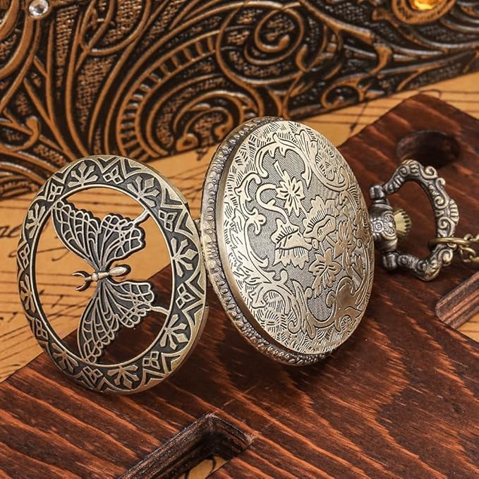 Image of AUGEN Premium Pocket Watch Metal Keychain Butterfly 4 Retro Vintage for Gifting With Key Ring Anti-Rust (Pack Of 1)