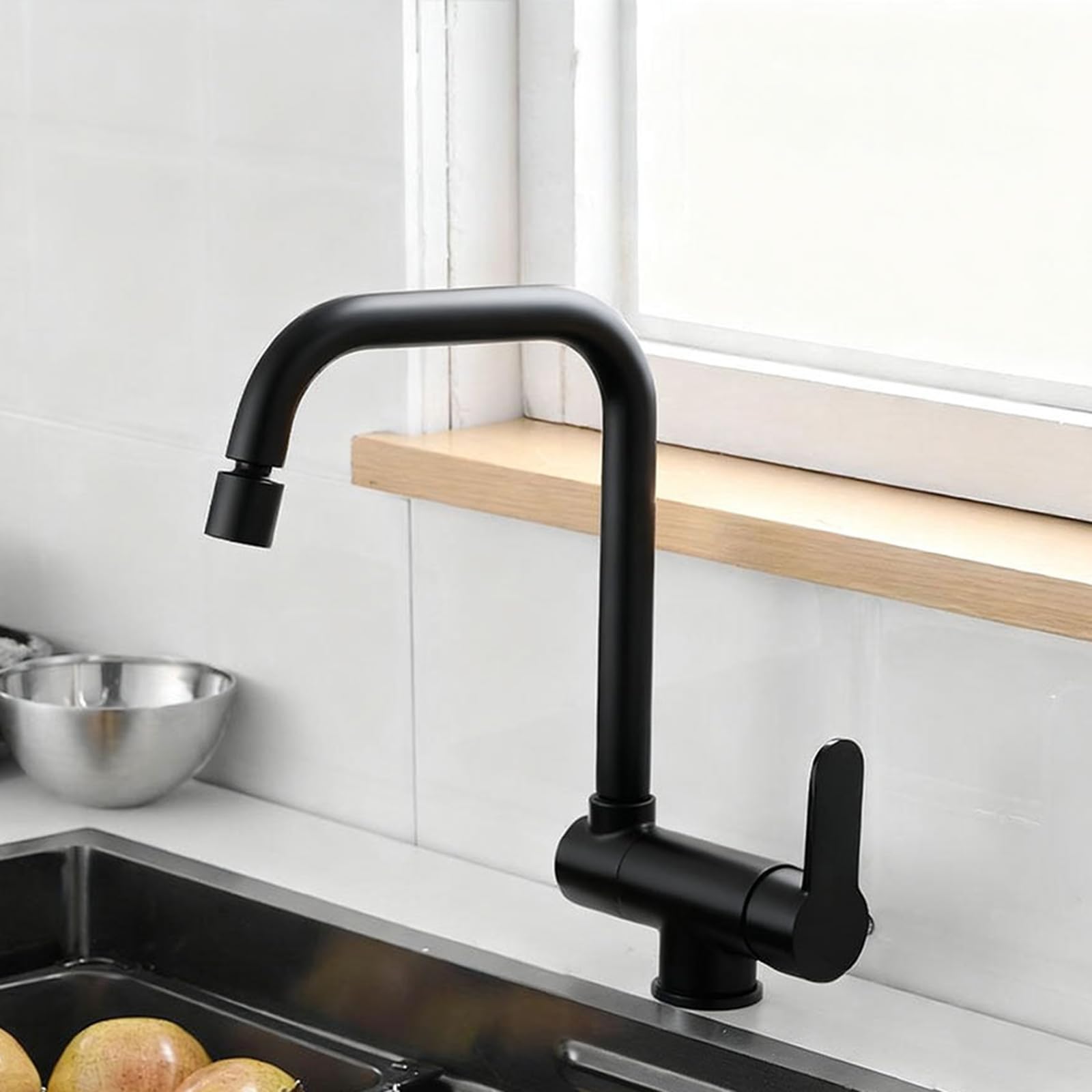 Kitchen Taps Folding for Inside Window, Tap Sink Mixer Brass 360° Swivel-Black