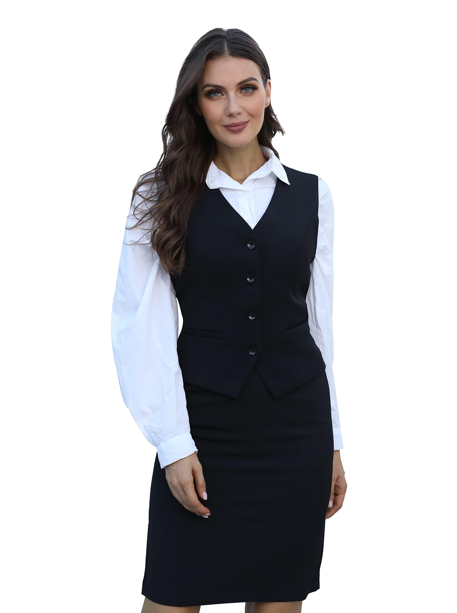 Gilet Vintage Femme Col V Boutonné Steampunk Sans Manches Costume Gilet Poches Couleur unie Veste Décontracté Travail Bureau Tunique Veste