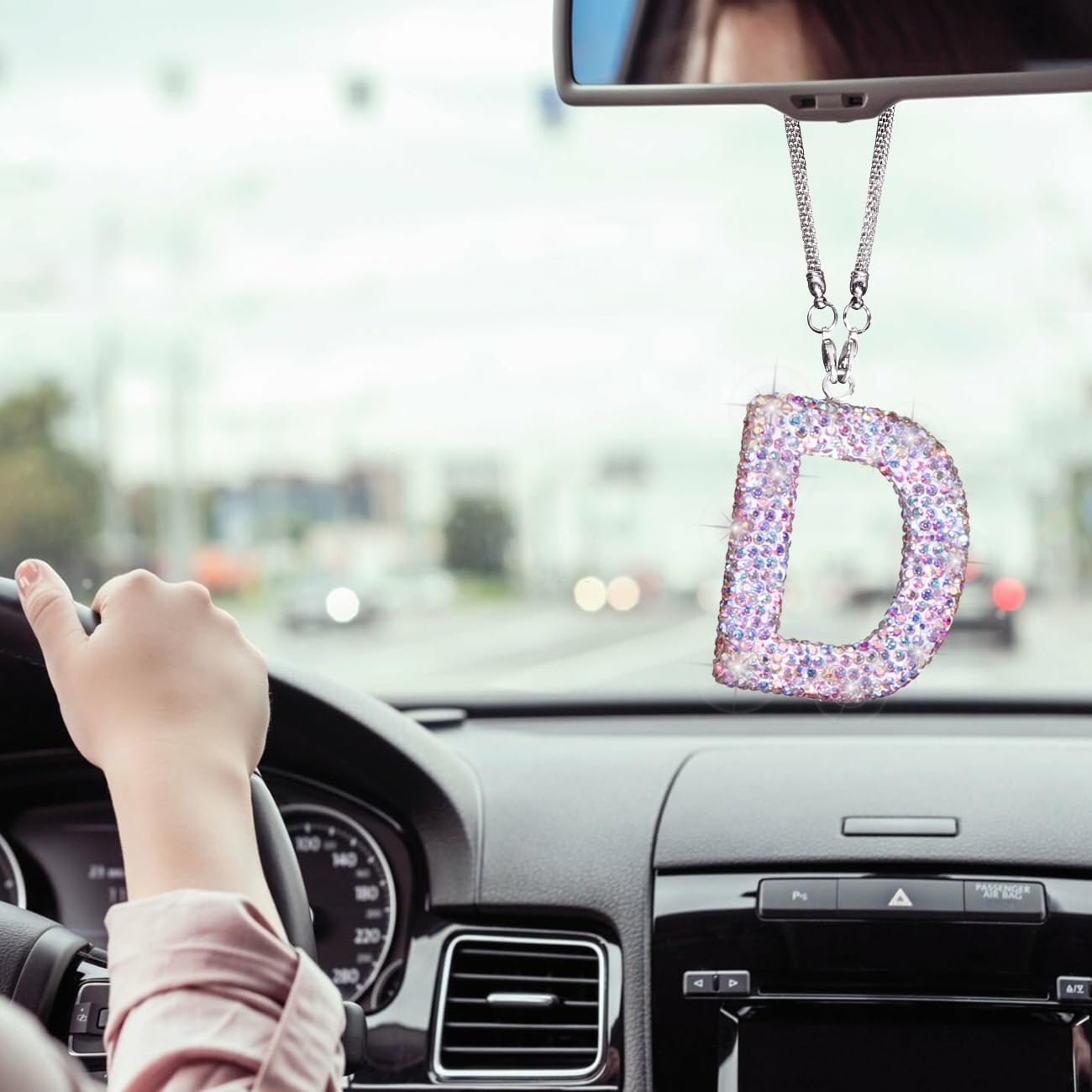 Colorful Bling Rearview Mirror Accessories Diamond Crystal Rhinestone Car Letter Pendant Cute Hanging Car Lucky Ornaments for Women — view 4