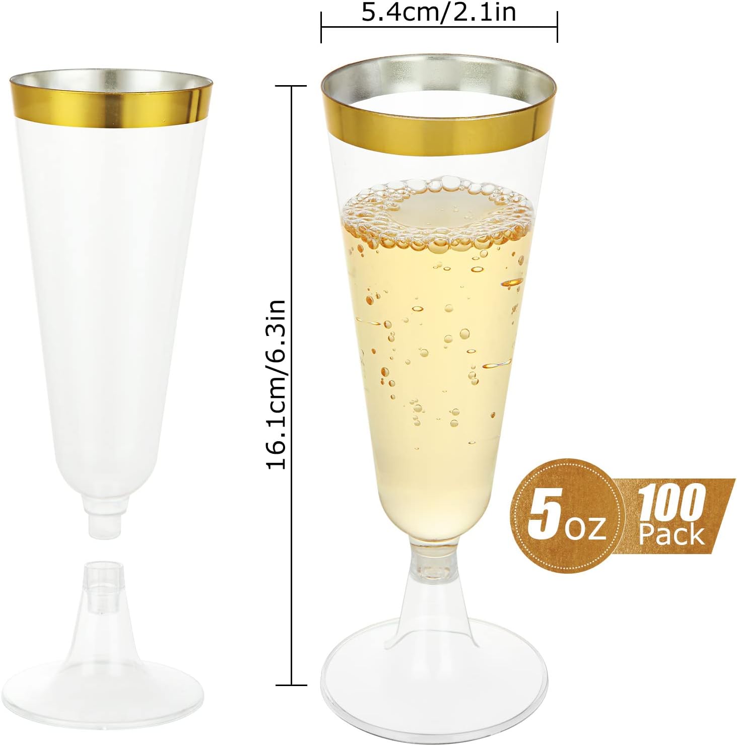100 Pack Plastic Champagne Flutes, 5 Oz Disposable Champagne Glasses Gold Rim Wine Flute Glasses, Clear Plastic Toasting Glass Mimosa Cocktail Cups for Bar Parties Wedding (160ml) - Image 2