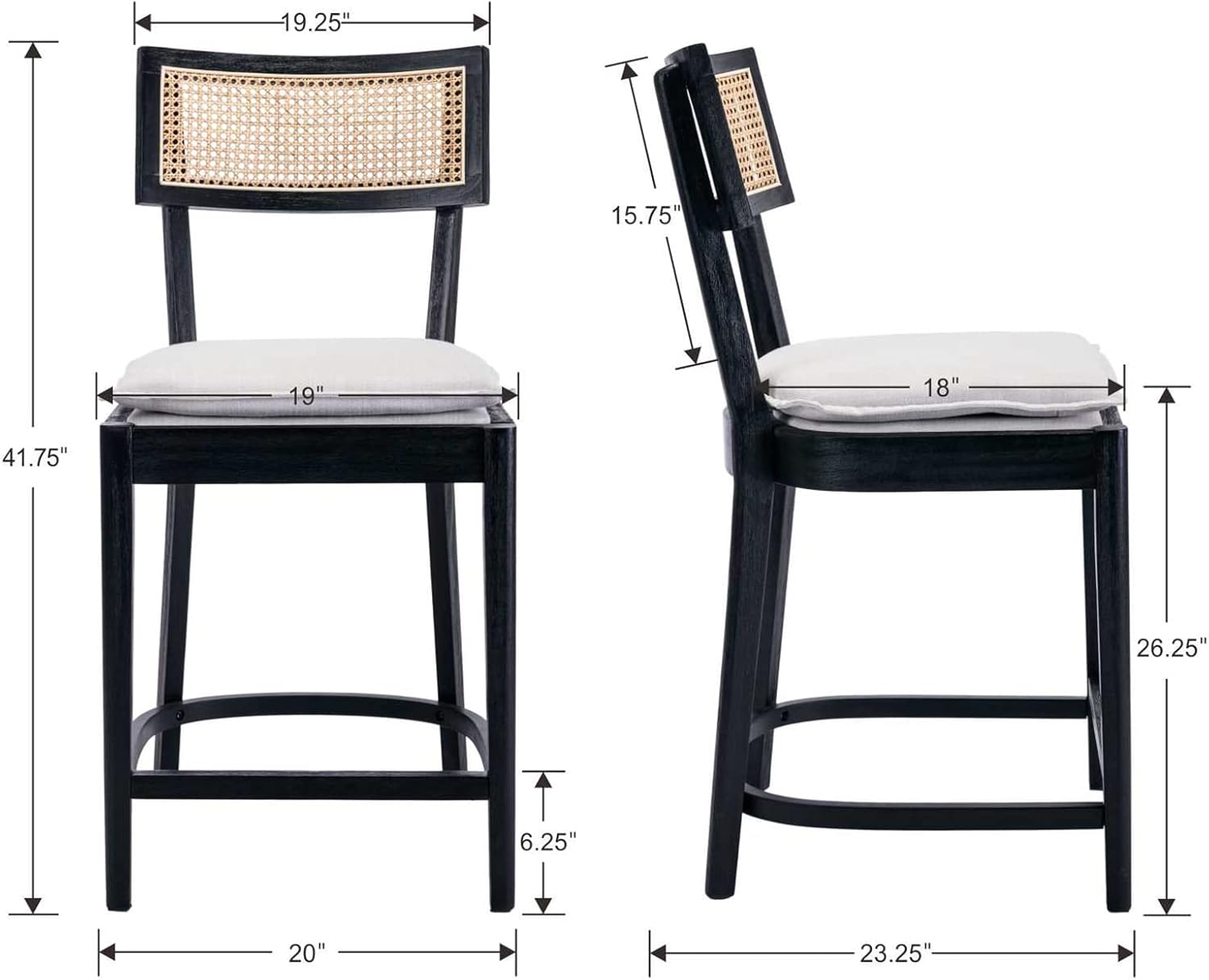 QUNINJAY 26" Counter Height Bar Stools Set of 6, Modern Rattan Counter Stools with Linen Upholstered, Vintage Dining Bar Chairs with Cane Back for Kitchen Counter Island Home Bar, Black Frame