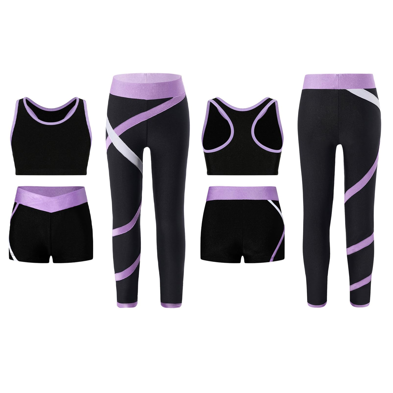 Alvivi Dziecięcy dres treningowy 3-częściowy, sportowy biustonosz + szorty + legginsy, strój do joggingu, gimnastyka, joga, zestaw sportowy, lawendowy, 134-140