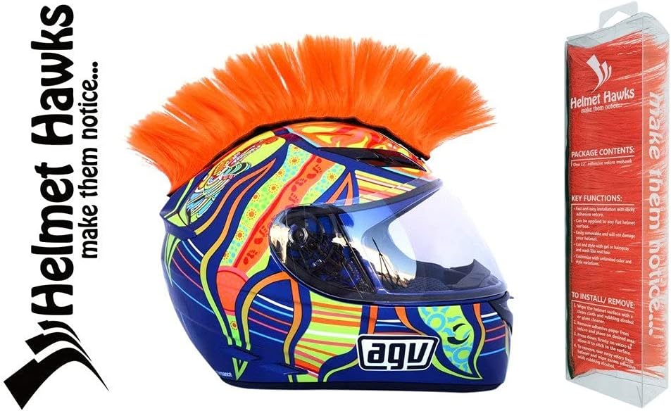 Helmet Hawks ® Motorcycle Helmet Mohawk w/ Sticky Hook and Loop Fastener Adhesive - Fluorescent Orange