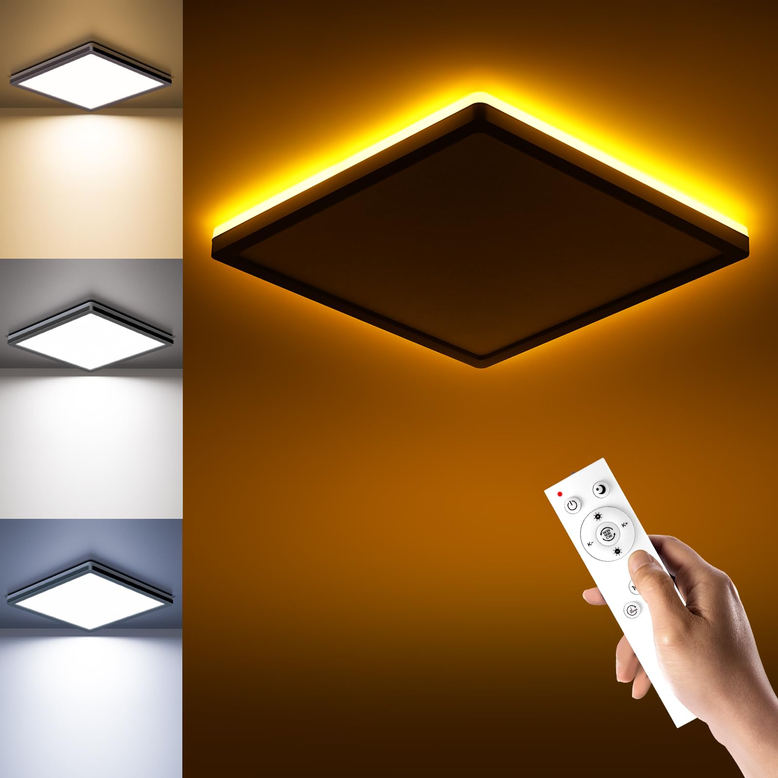 BLNAN LED Ceiling Lights for Bedroom, 24W 2400LM Dimmable Ceiling Light with Remote Control, 2000K Night Light, 3000K-6500K Square Flush Ceiling Lamp for Living Room,Bedroom, Kitchen, Black 30CM