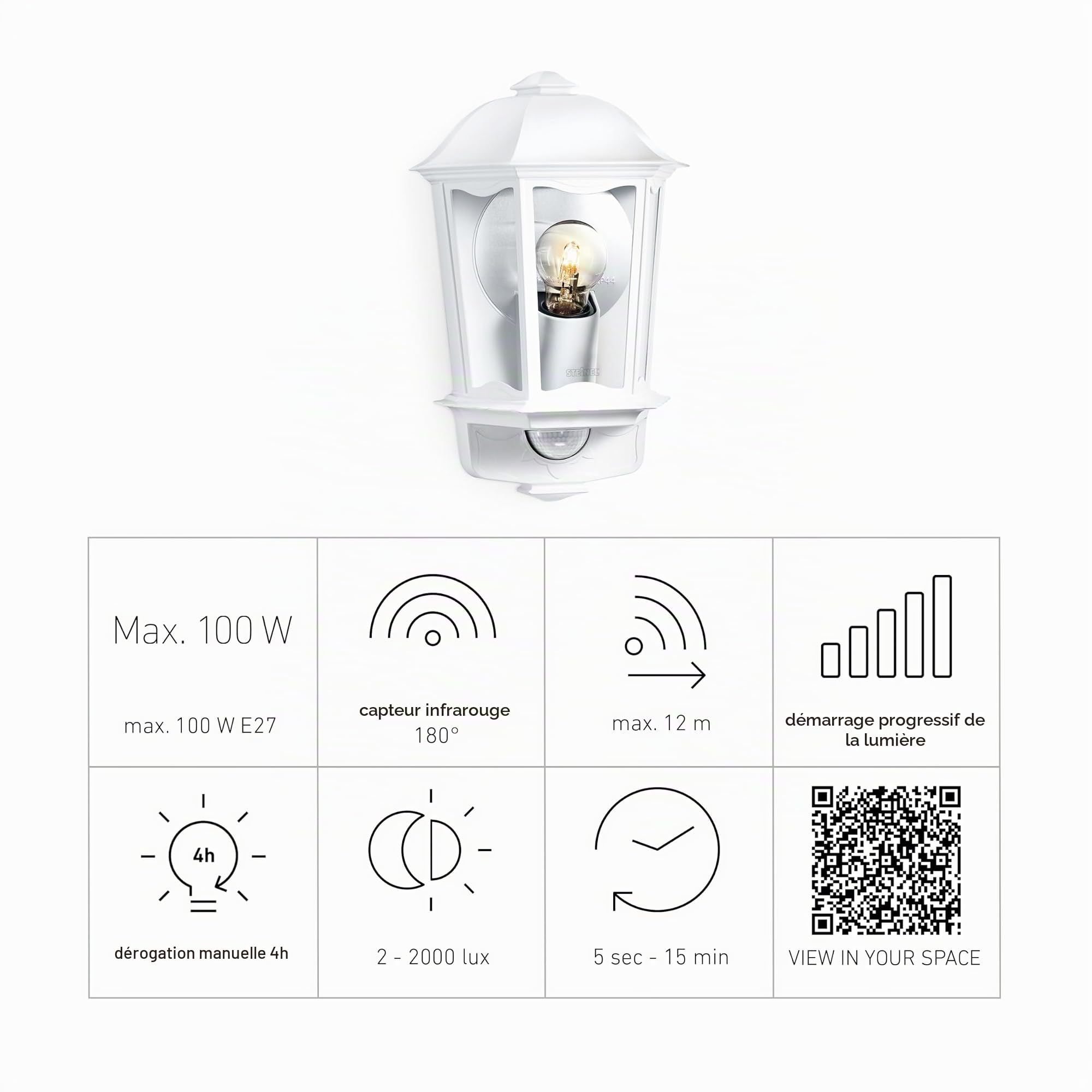 Steinel L 190 S Lanterne blanc – Luminaire extérieur à détecteur de mouvement, portée max. 12 m, applique en aluminium