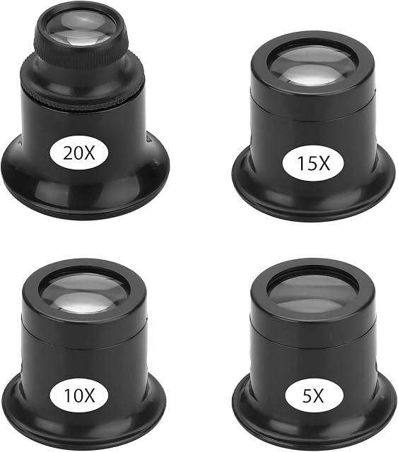 Watchmaker Loupe,4PCS Loupe Eyeglass Magnifiers Set,5X, 10X,15X, 20X Watch Repair Loupe Magnifier Set,Magnifying Glass for Watch Jewellery Electronic Repair Diamonds Coin Stamp Collection