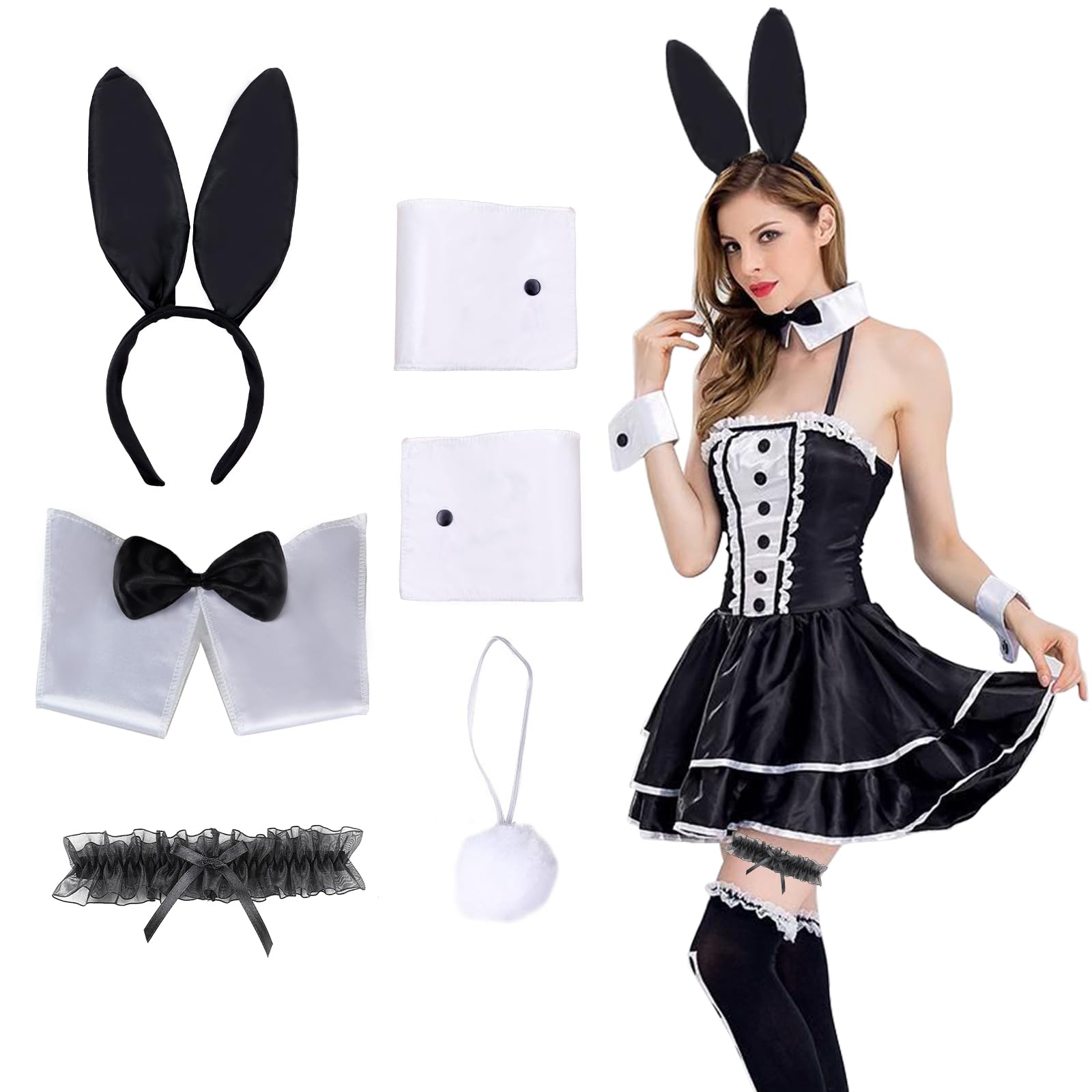 Scettar 5 Conjunto de disfraz de conejo para mujer, Diadema con Orejas de Conejo,puños de conejo, Pajarita, Liga De Encaje, Cola de Conejito, Conejo Disfraz de Accesorios para Pascua Halloween Fiesta