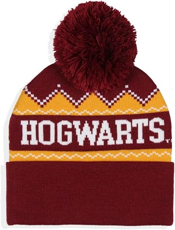 Harry Potter Adult Hogwarts School Crest Knit Cuff Pom Beanie Cap Multicolored