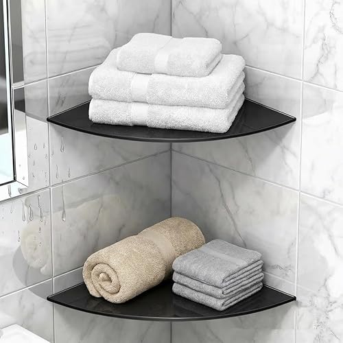 Miniatura 7 de Estante esquinero de vidrio para baño, estantes de ducha, paquete de 2 unidades, color negro, flotante, templado, esquinero para baño, organizador