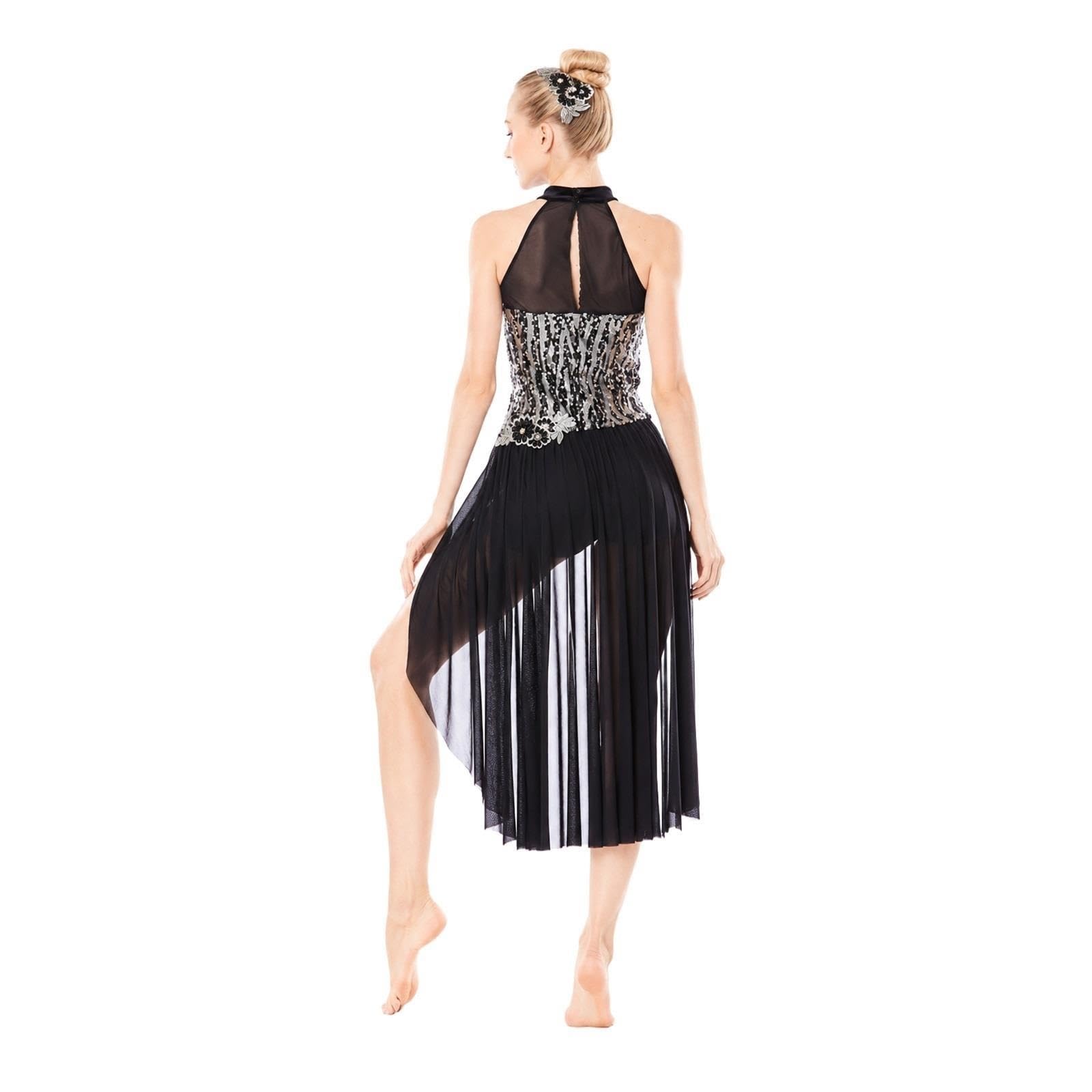 Costume danza donna con paillettes, collo alto e gonna asimmetrica