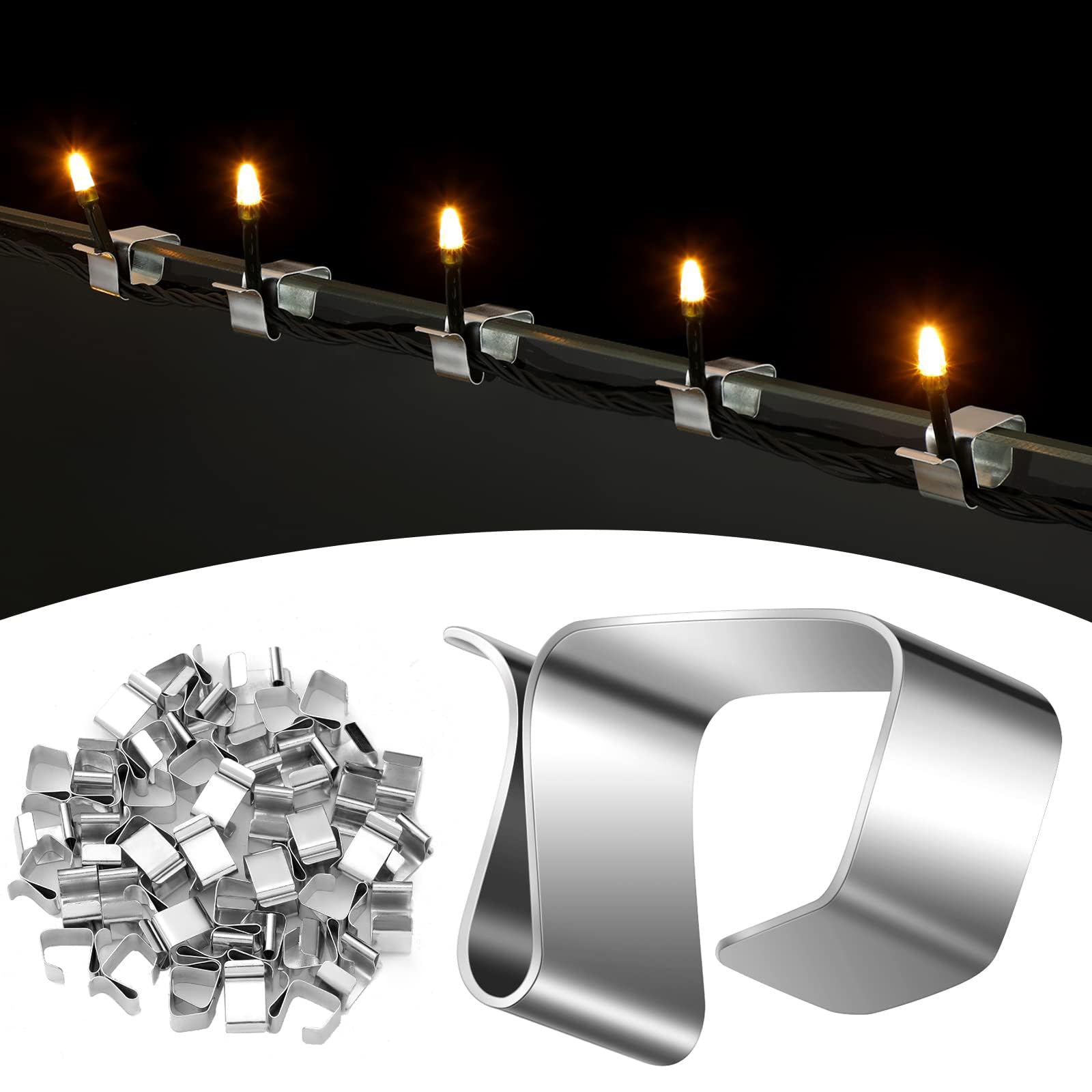 50 Stück Dachrinnenhaken für Lichterketten, Edelstahl Weihnachtsbeleuchtung, Edelstahl Weihnachtslichter-Clips, Mini Dachrinnenhaken, Metall Lichterhaken Clip