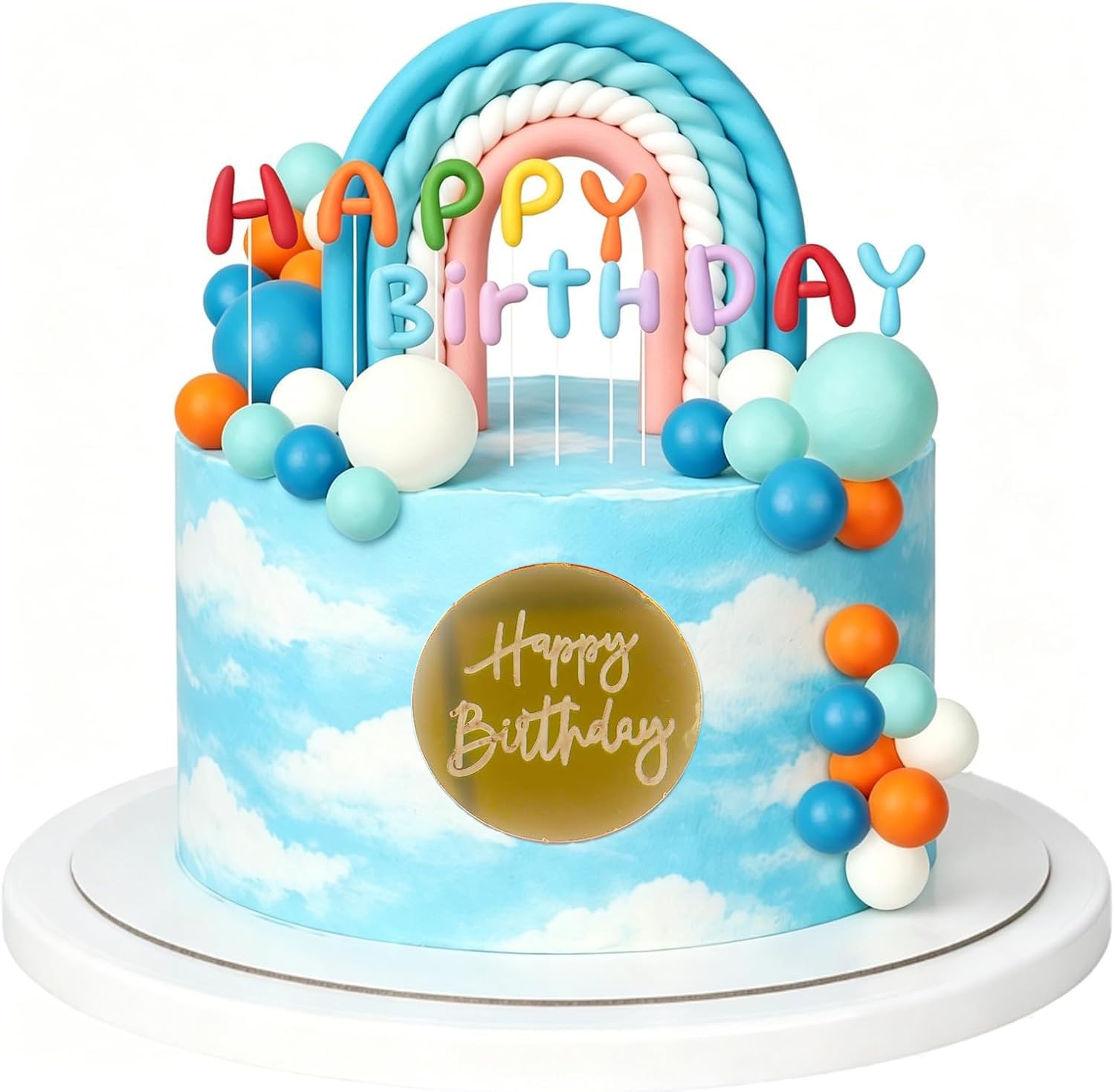 52Pcs Rainbow Cake Topper, Rainbow Birthday Cake Decorations, DIY Baking Supplies for Birthday Parties, Set with Multicoloured Spheres and HB Letters, Blue and Orange Rainbow Arch Included