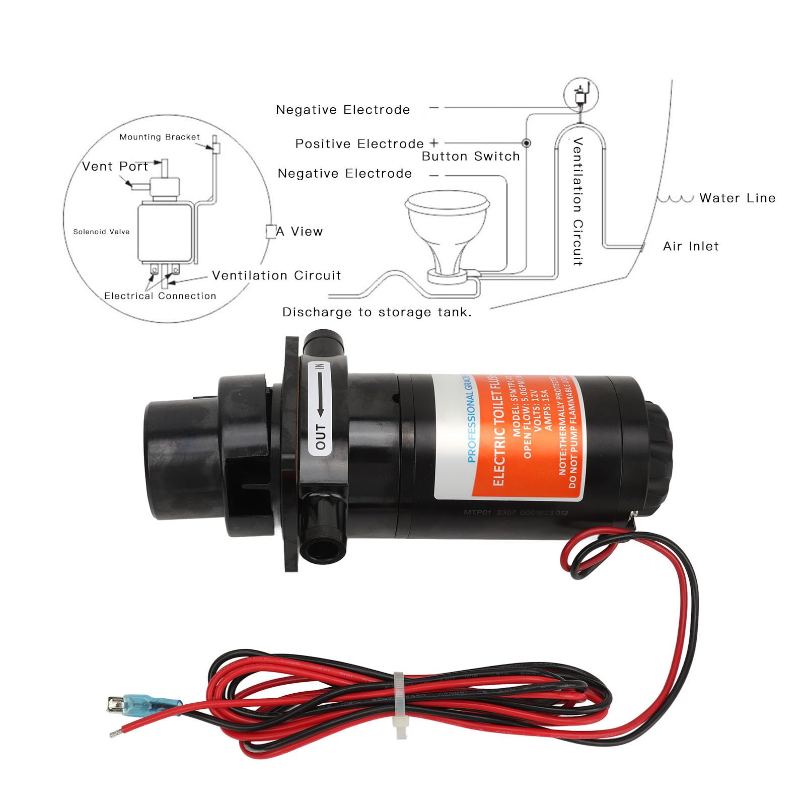 Kit de Subconjunto de Macerador de Inodoro Eléctrico Marino, Bomba de Residuos Eléctrica para Inodoro de Yate, Bomba de Aguas Residuales de Inodoro (12 V 15 A (flujo máximo: 5,5