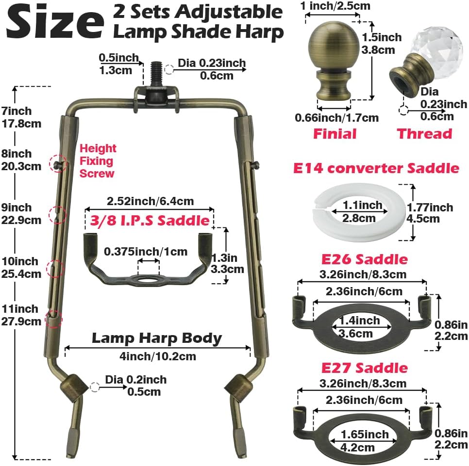 8 9 10 11 inch Bronze Lamp Shade Harp Holder, 2 Set Adjustable Height Harp Kit with Crystal & Metal Finial, DIY Replacement Repair Lampshade Bracket E14 E26 E27 Adapter Base Table Floor Light