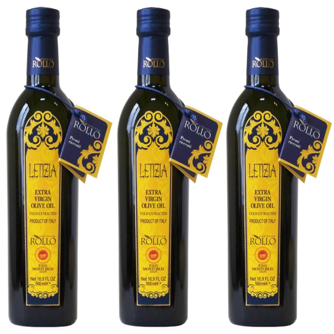 Letizia DOP Monti Iblei Extra Virgin Olive Oil - Authentic Sicilian EVOO (Tonda Iblea) PDO Certified - Award-Winning Intense Fruity Profile - 500ml (16.9 Fl Oz) - Pack of 3