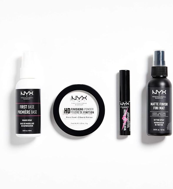 NYX Professional Makeup Travel Kit, Primer Spray, Finishing Powder, Mini Mascara, Setting Spray, 4-Piece Makeup Set