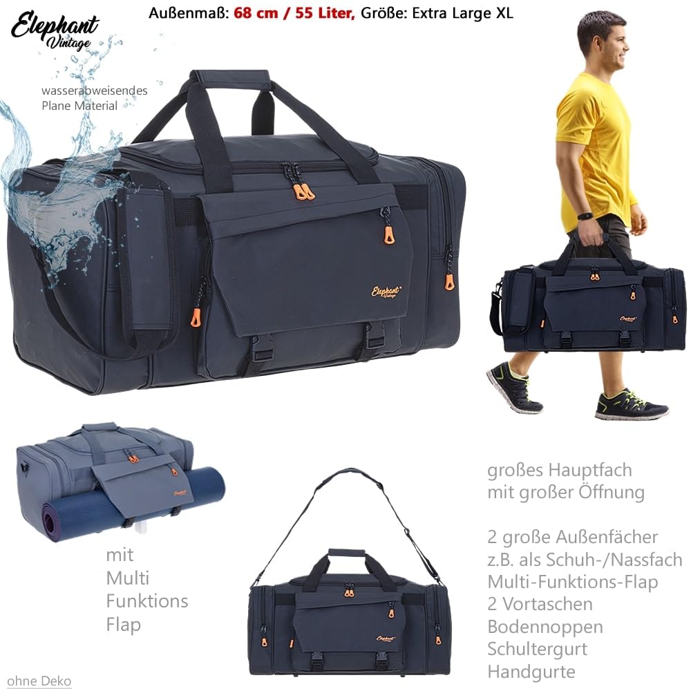 Elephant Sporttasche Reisetasche Saunatasche Herren Damen aus Plane Tour 68 cm mit Yogamatte-Halterung Bag Sport Fitness Sauna Tasche Gymbag sehr groß 1306 XL + Trinkflasche