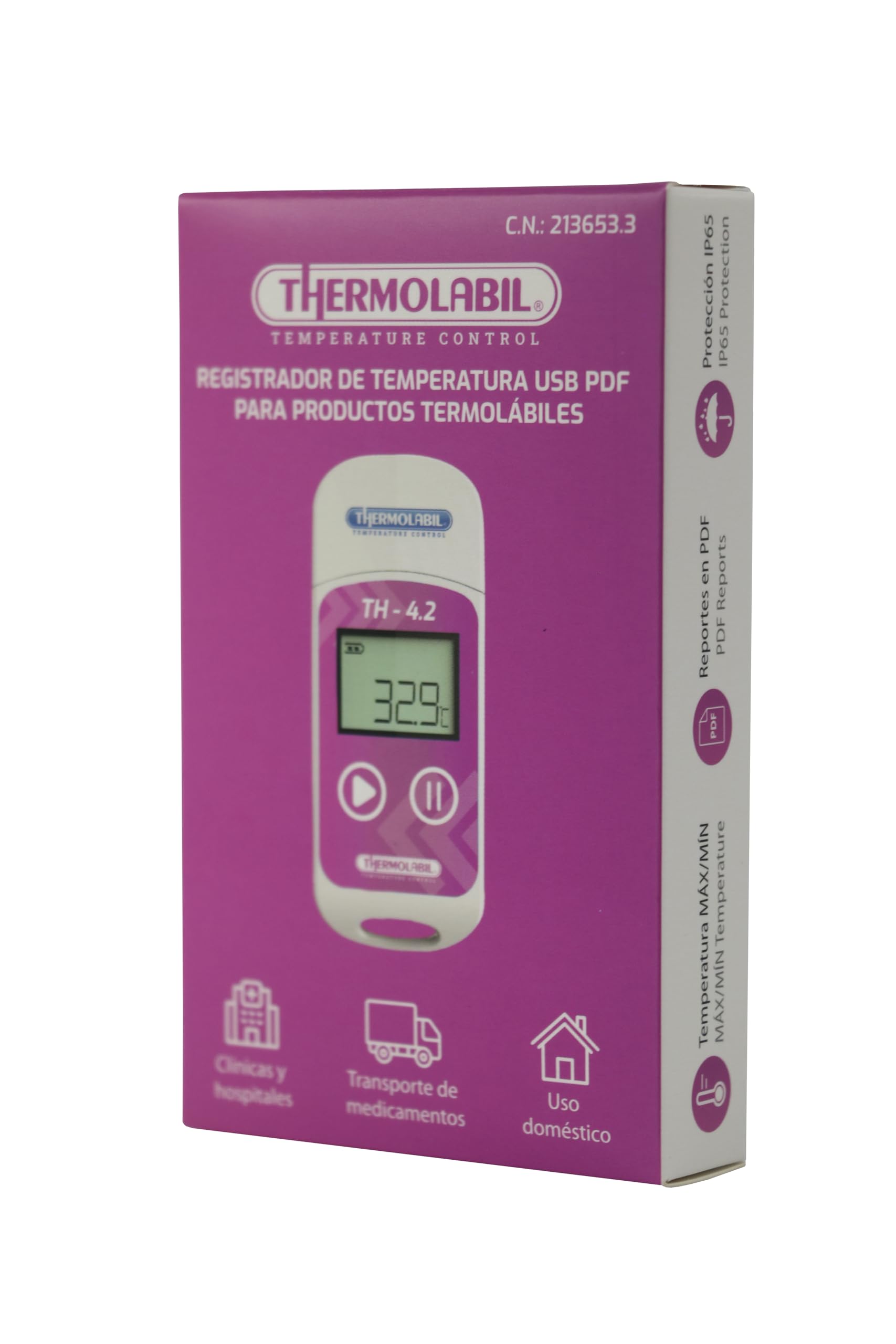 TH‑4.2 USB – Termómetro/Data Logger para Nevera (Medicamentos/Vacunas) – USB – LCD – 32.000 Registros – IP65 – EN‑12830, CE, RoHS – CR2032
