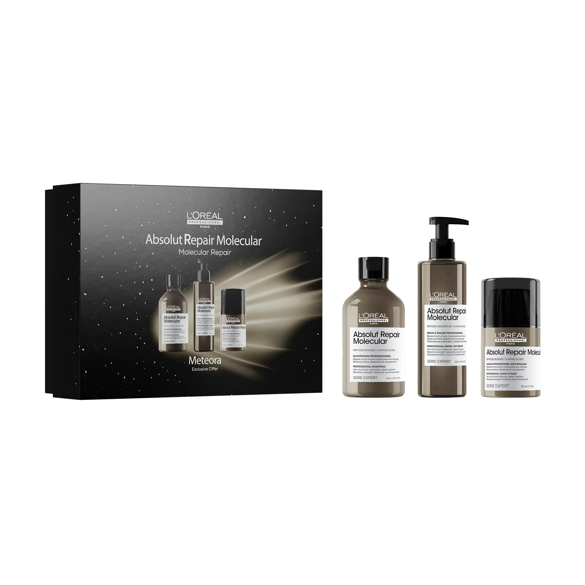 L'Oréal Professionnel zestaw z szamponem, serum Rinse-Off i Leave-In, zestaw prezentowy Meteora, z wiązaniami peptydowymi i 5 aminokwasami, do włosów mocno uszkodzonych strukturą, seria Expert
