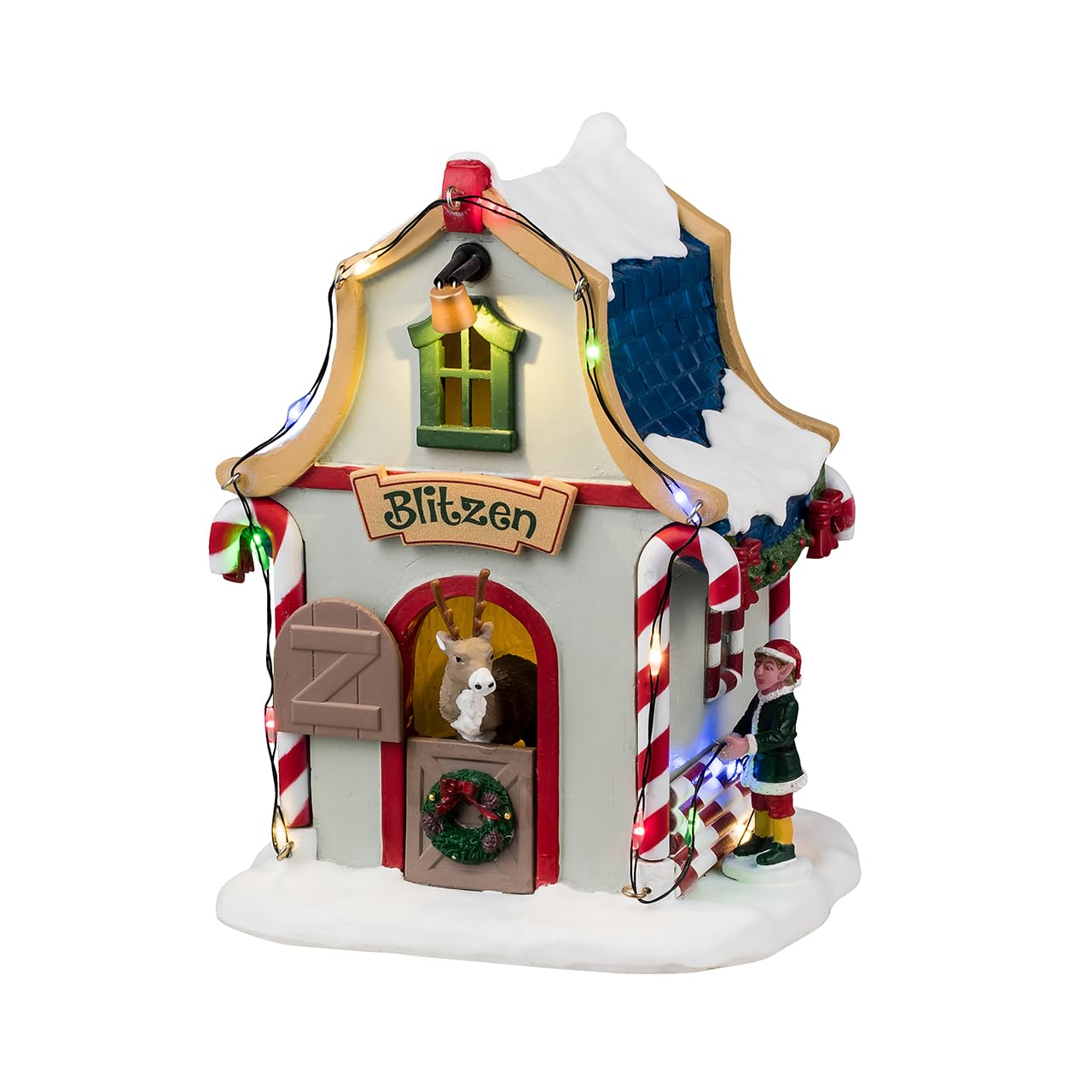 Lemax - Blitzen`s Den: Dekorative Bauernhaus-Skulptur aus Resin, Brown, Red, Green, für Indoor, Weihnachten, 2024, 4.00 x 3.54 x 5.2 inches