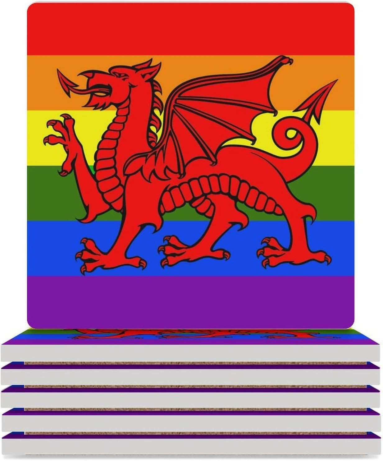 Wales Flag Rainbow Funny Ceramic Coasters for Drinks Absorbent Cup Holder Tabletop Protector with Cork Base