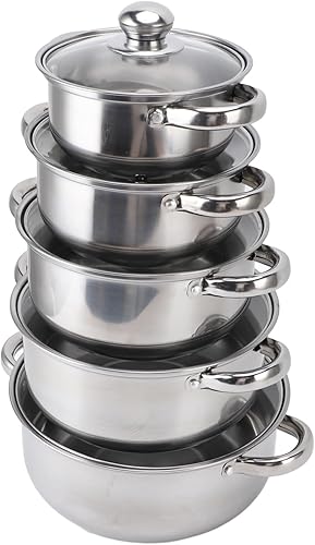 Juego de utensilios de cocina de acero inoxidable, 5 ollas y sartenes con tapas de vidrio, diseño apilable, asas de calor para cocinas de inducción,