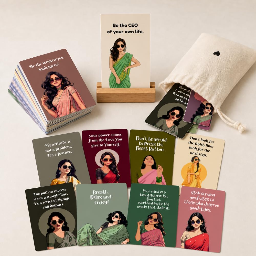 Meenas Affirmation Cards for Women, 45 Self Love & Motivational Quote Manifestation Cards, 3x5 Inch, with Wooden Stand & Cotton Potli Bag-image-41