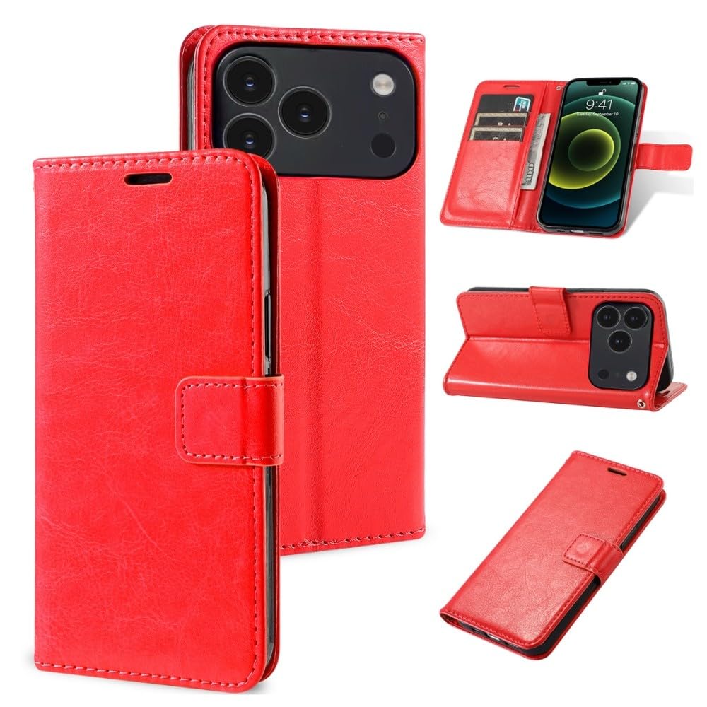Housse iPhone 15 Pro rouge étui cuir à rabat pour sorties et déplacements urbains