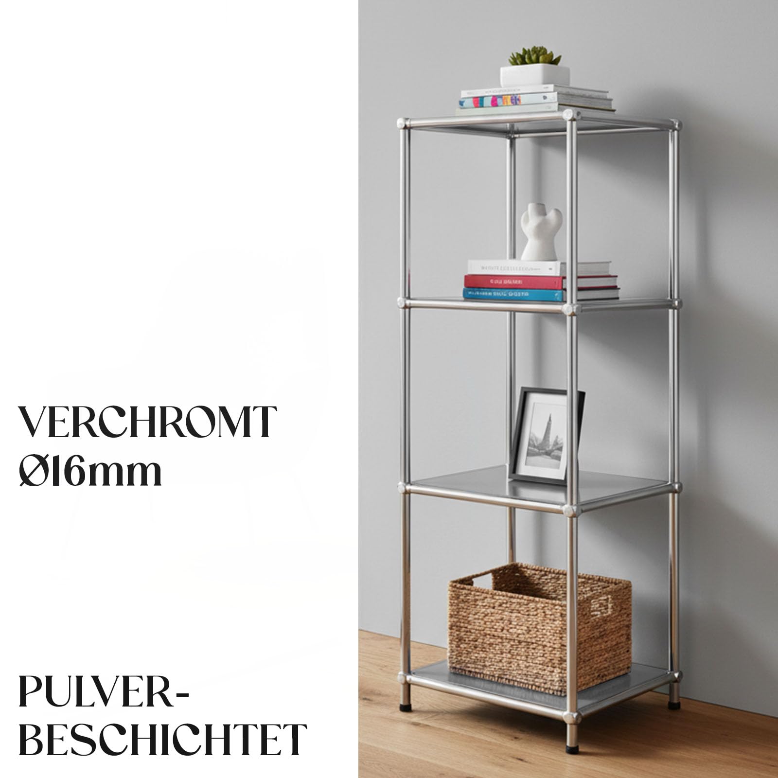 Floordirekt Concept Epure MK-005 - Estantería de metal (4 niveles, 95 x 30 x 30 cm), diseño moderno, color gris y cromado