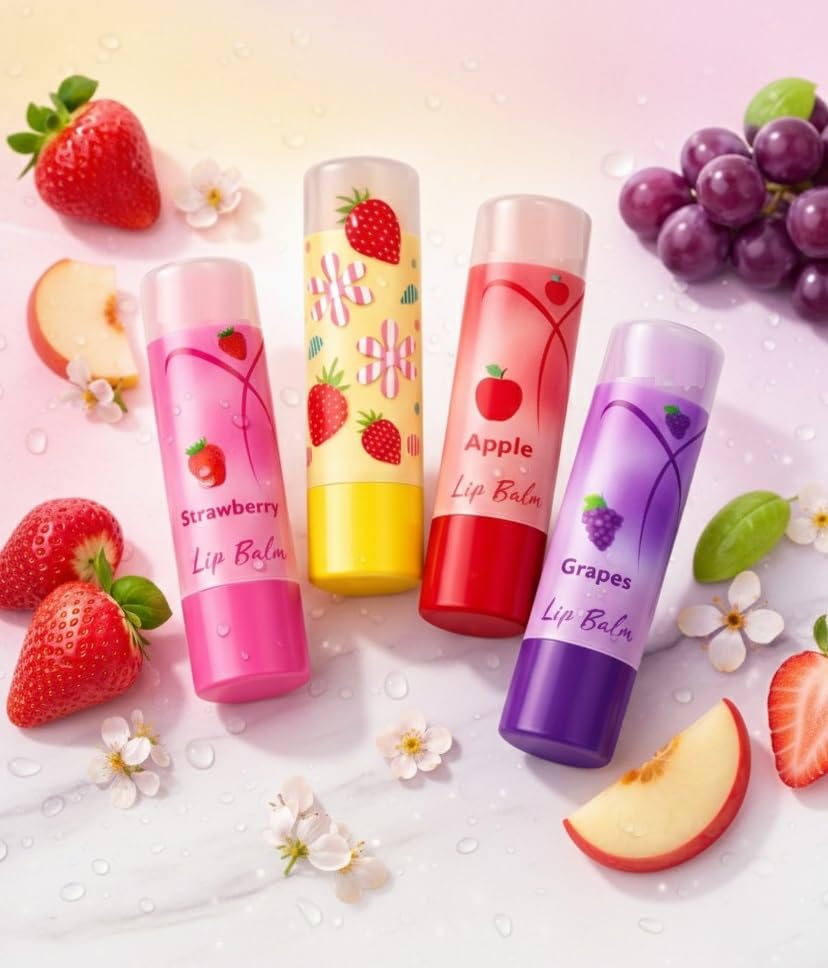 Fruit Flavoured Lip Balm Set, Strawberry, Apple and Grapes, Pack of 4-image-7