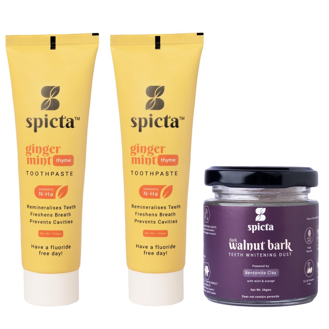 Ginger Mint Natural Hydroxyapatite Toothpaste 125gm & Walnut Bark Teeth Whitening Powder 50gm | No Peroxide, No Charcoal, Fluoride Free, SLS Free, Herbal for Adults & Kids- Pack of 3