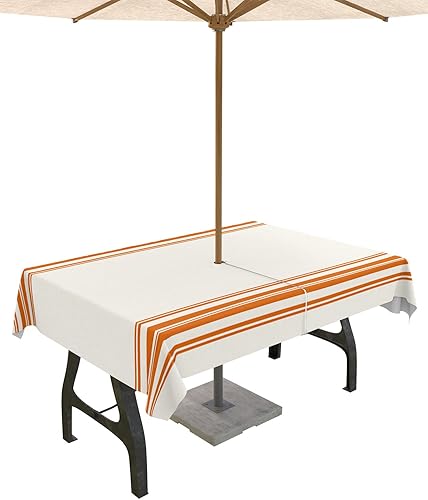 Mantel de otoño para exteriores con agujero para paraguas, mesas rectangulares de rayas naranjas con cremallera, mantel impermeable para patio,