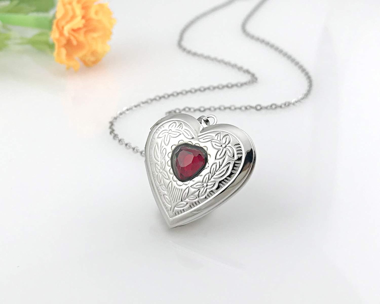 Birthstones Locket Necklace that Holds Pictures Love Heart Photo Locket Crystals Necklace Pendant Birthday Gifts (January) - Image 4