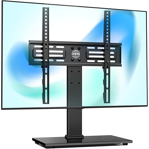 FITUEYES Universal TV Stand, Swivel TV Table Stands for 27-55 Inch Flat Screen, Tabletop TV Stand with Mount for Bedroom/Living Room, Height Adjustable, Holds up to 88 lbs, Glass Base, Black