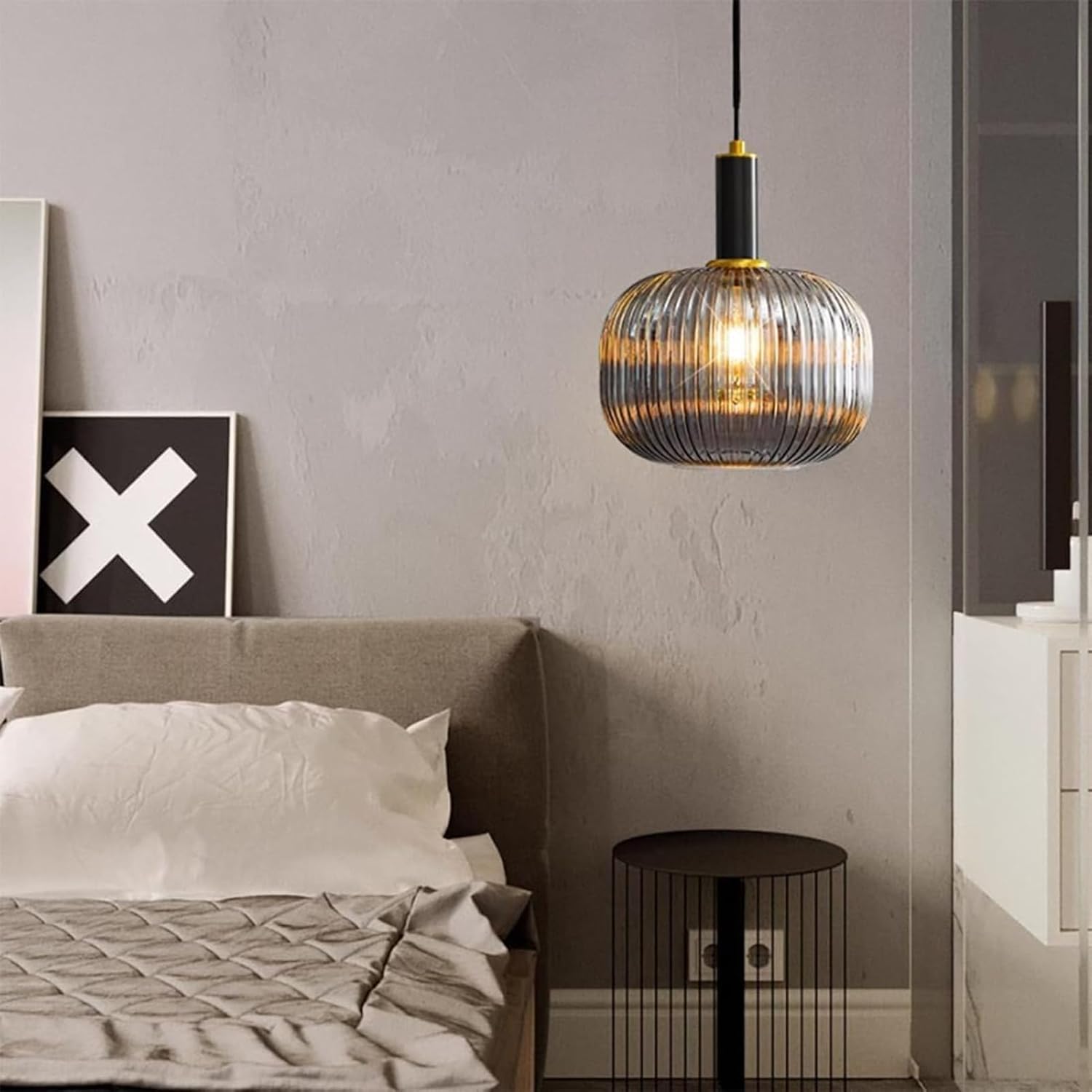 Modern Black Ribbed Glass Bedside Pendant Light Mid Century Nordic Farmhouse Kitchen Island Hanging Lamp Minimalist Dining Room Chandelier for Living Office Bar Counter Study